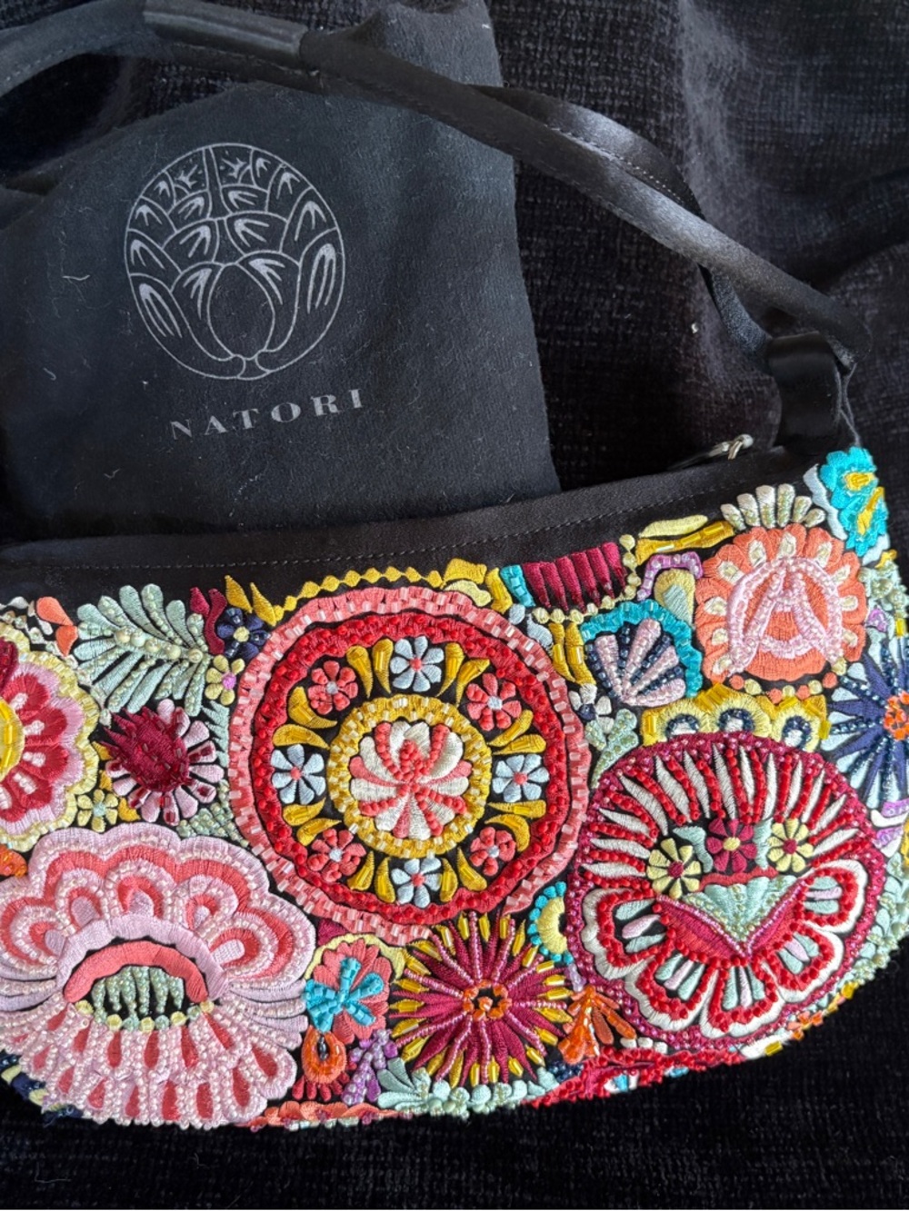 Natori Black Clutch with Multicolor Embroidered Floral Trim